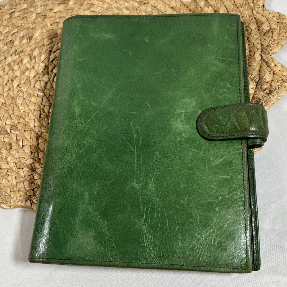 Vintage Franklin Covey 7 Ring Distressed Green Leather Planner Date Book